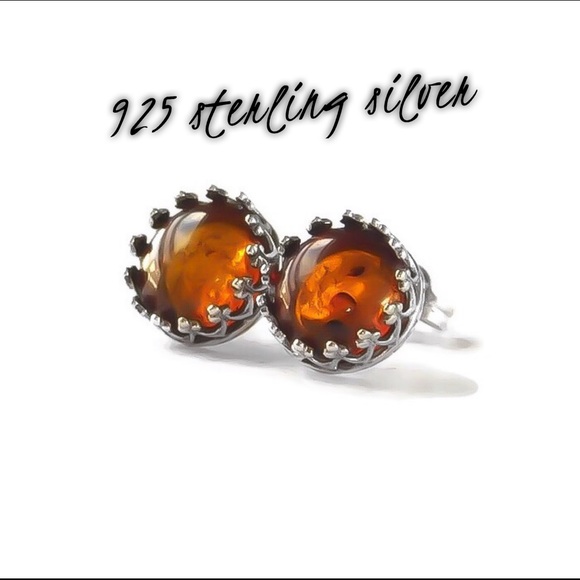 ♚♔♛925 sterling silver genuine amber bezel set gemstone crown stud earrings♛♔♚ - Picture 2 of 8